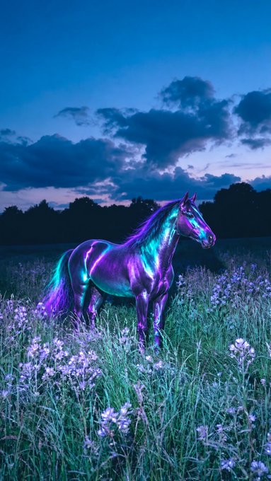 A digitally rendered, glowing purple and teal metallic horse standing in a field of purple wildflowers under a dramatic dark cloudy sky at twilight.