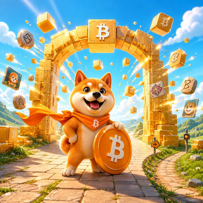 3D rendered illustration of a Shiba Inu dog wearing an orange Bitcoin-themed bandana and holding a large Bitcoin coin, standing before a golden arch made of Bitcoin blocks in a bright landscape.