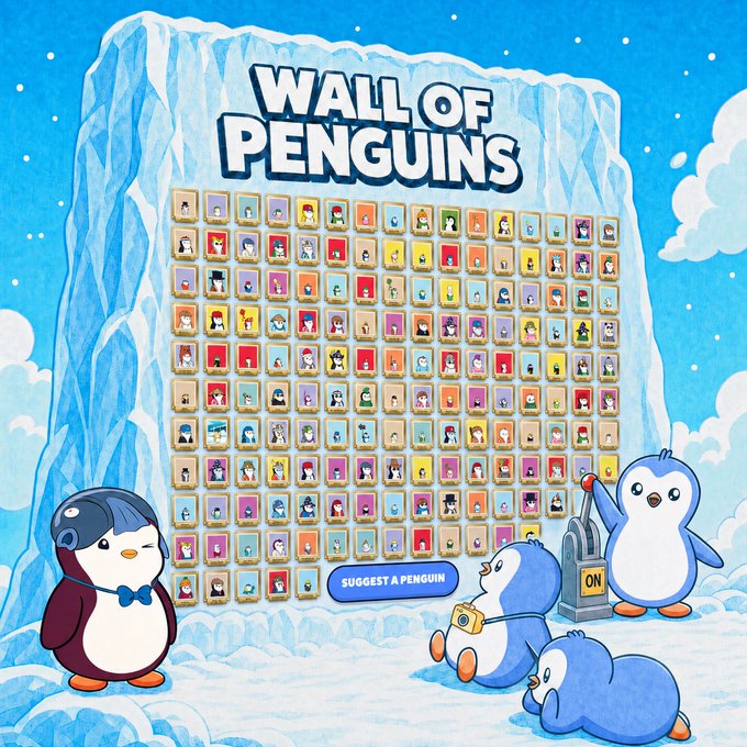 A vibrant "Wall of Penguins" display features a large grid of character portraits set on an icy background, surrounded by cartoon penguin mascots—including one wearing headphones and another pressing an "ON" button—along with a "SUGGEST A PENGUIN" button. The image visually represents the post's celebration of community, showcasing the many diverse "Pudgy" penguin friends that members proudly supported and recognized together.