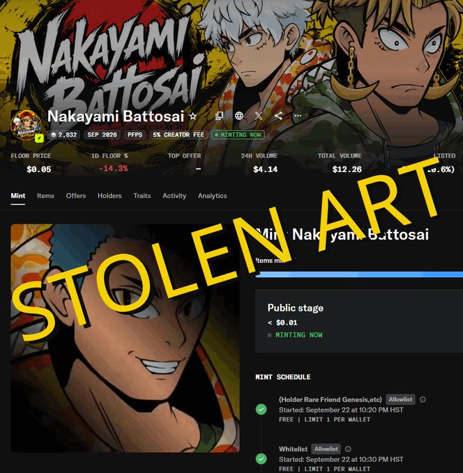A NFT minting page for 'Nakayami Battosai' featuring anime character art, with a large yellow 'STOLEN ART' watermark across the screen.