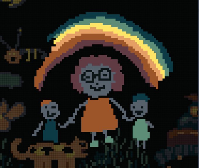 A pixel art illustration of a smiling woman with glasses holding hands with two children under a rainbow on a black background.