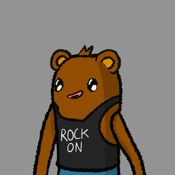 A simple cartoon drawing of a brown bear character wearing a black "ROCK ON" tank top against a gray background.