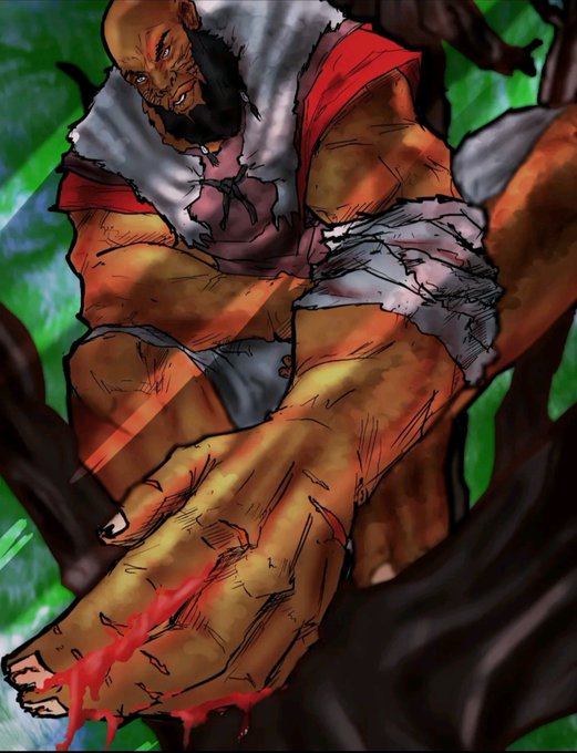 An illustrated fierce warrior with a beard and torn clothing grips a weapon, with blood dripping from his hand and weapon.