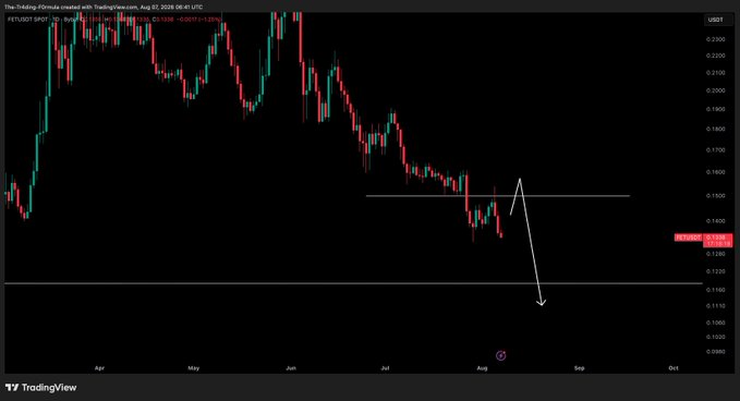 A TradingView chart of FET/USDT shows a clear downtrend from April through August 2025, with price dropping from ~$0.30 to ~$0.13, accompanied by a white arrow indicating further downside and horizontal support/resistance lines marking key levels around $0.135 and $0.16, illustrating the bearish short setup mentioned in the post.