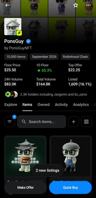 A mobile app screenshot showing an NFT collection called 'PonsGuy' by PonsGuyNFT with 10,000 items on Robinhood Chain, displaying a floor price of $25.50 and various listing statistics.