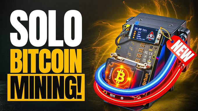 YouTube thumbnail titled "SOLO BITCOIN MINING!" featuring a Bitcoin mining device (Bitaxe) with a digital display and a "NEW" tag.
