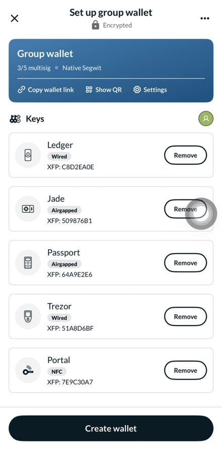 A mobile app screen titled 'Set up group wallet' showing a 3/5 multisig Native Segwit Bitcoin wallet with keys for Ledger, Jade, Passport, Trezor, and Portal devices.