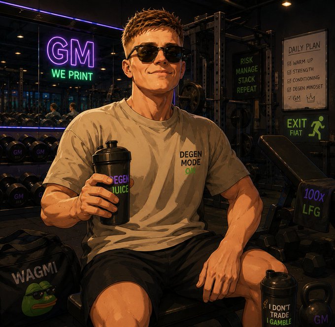 A confident, sunglasses-wearing gym-goer sits with a "DEGEN JUICE" shaker, wearing a "DEGEN MODE" shirt, surrounded by meme culture—neon "GM WE PRINT" signs, a "WAGMI" Pepe bag, a "100X LFG" dumbbell, and a "DAILY PLAN" board listing "WARM UP, STRENGTH, CONDITIONING, DEGEN MINDSET"—capturing the perfect blend of "GM" crypto energy and Monday gym motivation.