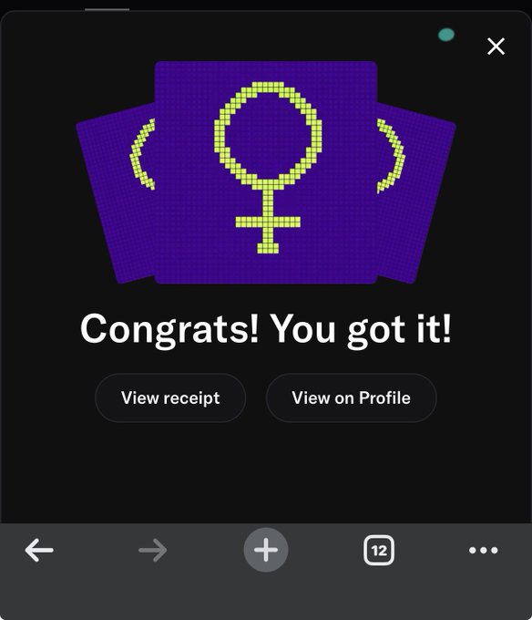 The image shows a celebratory screen from a digital collectible/NFT platform displaying "Congrats! You got it!" with a purple pixel-art card featuring a yellow female symbol (♀), alongside options to "View receipt" or "View on Profile." This appears to relate to the user's post about minting an NFT from a collection, likely celebrating their successful acquisition of the piece.