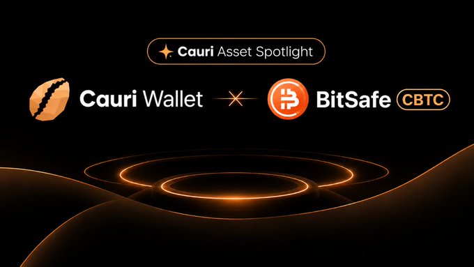 Promotional graphic with a black and orange color scheme featuring the text 'Cauri Asset Spotlight' and logos for 'Cauri Wallet' and 'BitSafe (CBTC)'.