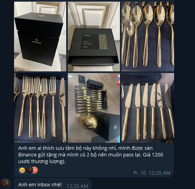 A Telegram message showing photos of an ornate gold cutlery set in a Binance gift box, with Vietnamese text offering it for 1200 USDT as a pass-along gift.