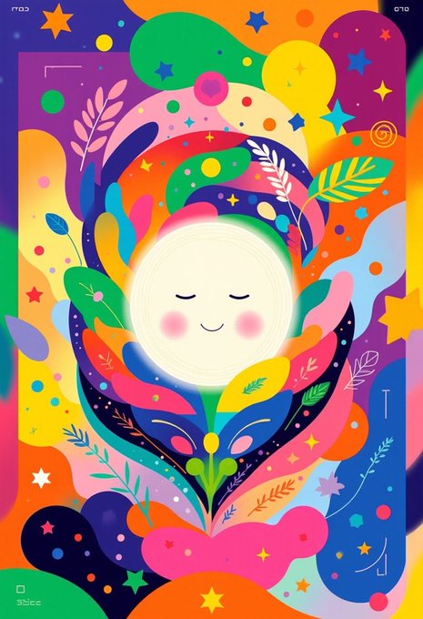 A vibrant, colorful digital illustration featuring a smiling, personified sun or moon face with rosy cheeks in the center, surrounded by abstract leaves, stars, and swirls in various bright colors. The word 'Slice' is visible in the bottom left corner.