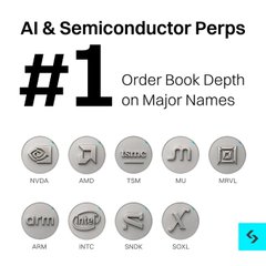 A promotional graphic titled 'AI & Semiconductor Perps #1 Order Book Depth on Major Names' displays logos for NVDA, AMD, TSM, MU, MRVL, ARM, INTC, SNDK, and SOXL.