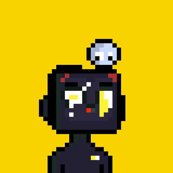 A pixel art character with a large dark square head, yellow eyes, and a small skull-like creature perched on top, set against a bright yellow background.
