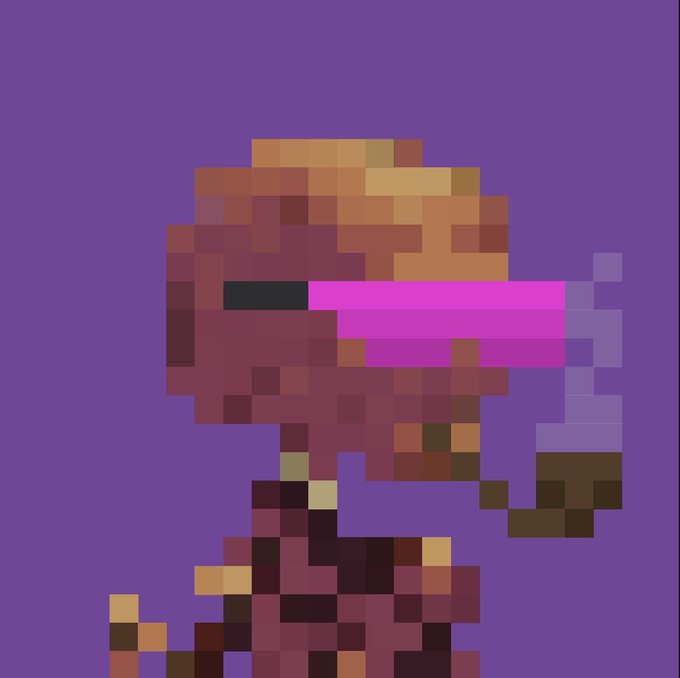 A pixel art image of a character with orange hair wearing a pink eye visor against a purple background.