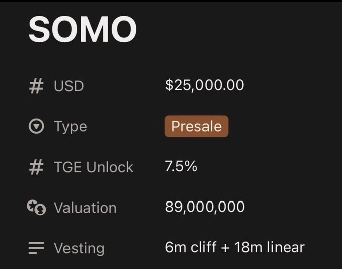 A crypto token details page for 'SOMO' showing a USD price of $25,000.00, Type as 'Presale', TGE Unlock at 7.5%, Valuation of 89,000,000, and Vesting of '6m cliff + 18m linear'.
