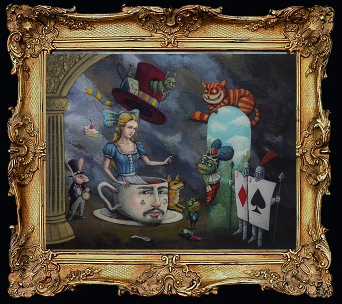 An ornate gold-framed surrealist painting depicting Alice from Wonderland serving tea from a cup shaped like a face, surrounded by characters including the Mad Hatter's hat, Cheshire Cat, White Rabbit, Frog, and Card Soldiers.