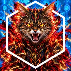 A fierce-looking tabby cat with bared teeth, set against a fiery orange and red background, enclosed within a white hexagonal frame with blue glowing accents.