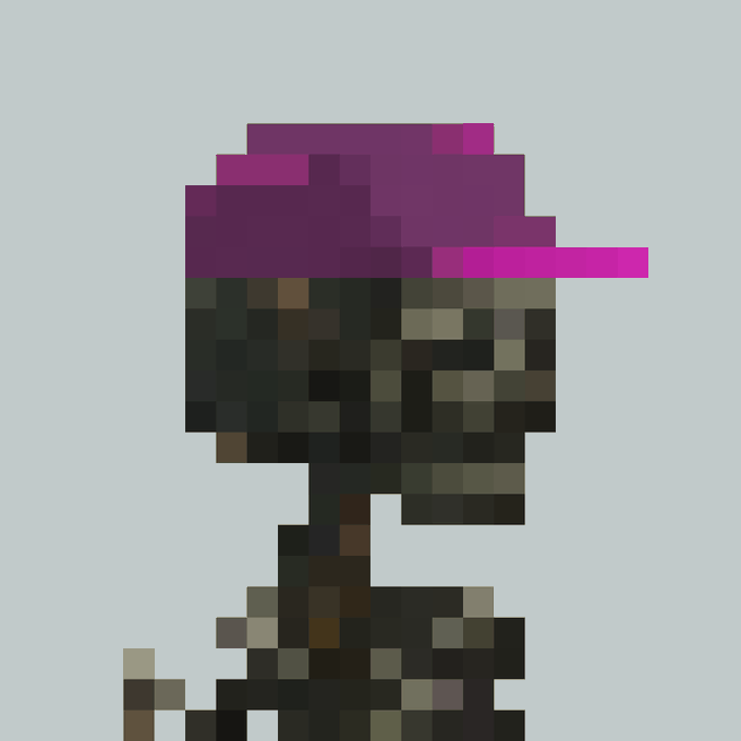 A pixel art character wearing a pink and purple baseball cap and dark sunglasses is shown in profile against a light blue background.