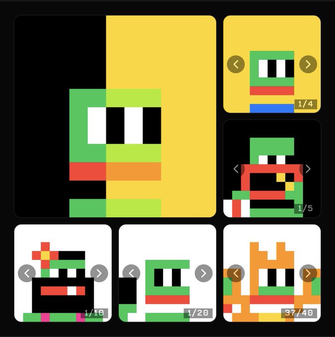 A pixel art gallery showing various 8-bit character designs, with navigation arrows and page indicators (1/4, 1/5, 1/10, 1/20, 37/40) on each tile.