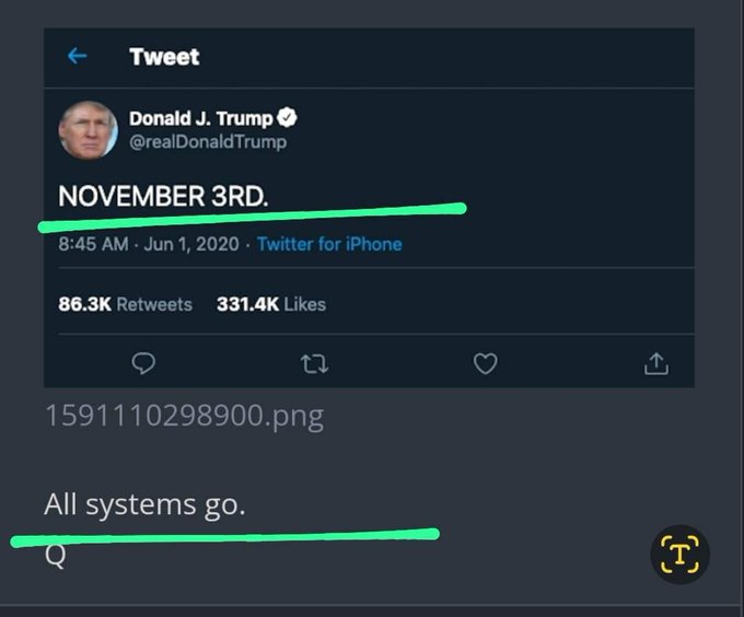 The image displays a tweet from Donald J. Trump dated June 1, 2020, which prominently features the text "NOVEMBER 3RD," positioned above the phrase "All systems go," directly relating to the caption provided in the prompt.
