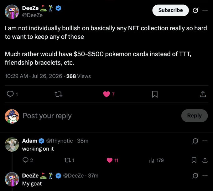 A tweet from user @DeeZe stating they are not bullish on NFT collections and would prefer $50-$500 Pokemon cards over TTT and friendship bracelets, with replies including Adam (@Rhynotic) saying 'working on it.'