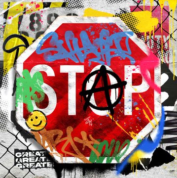 A vibrant street art-style image of a stop sign covered in graffiti, featuring a black anarchy symbol, blue and green spray paint, a yellow smiley face, and the text 'CREATE GREAT' in the corner.
