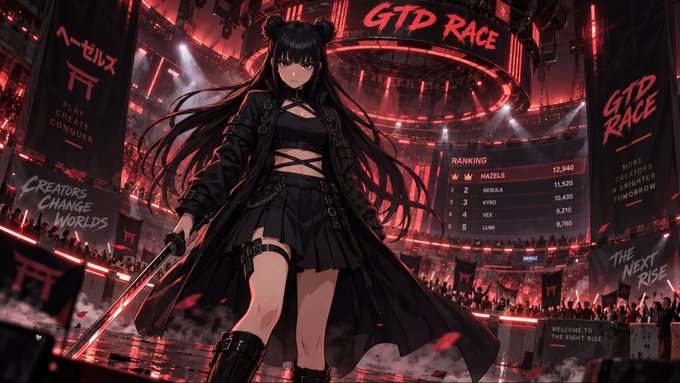 An anime-style illustration of a dark-haired female warrior holding a sword in a red-lit arena displaying a 'GTP RACE' ranking leaderboard with players like MAZELS (12,940) and NINJA (11,520).