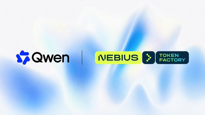 The image features the Qwen (Alibaba_Qwen) and Nebius Token Factory (nebiustf) logos displayed side by side against a blue abstract background, visually representing their Day 0 partnership for upcoming Qwen model releases such as Qwen 3.8-Max.