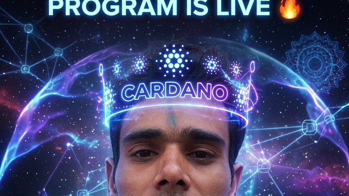 The image features a man wearing a crown with the word "CARDANO" written on it, surrounded by stars and planets. The caption of the image reads "Program is live! $ADA flag on my head!". This suggests that the image might be related to a promotional campaign for Cardano cryptocurrency or a gaming event involving virtual reality experiences.