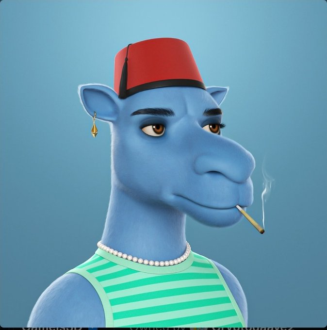 A digital illustration of a blue cartoon camel-like character wearing a red fez, a green striped tank top, a pearl necklace, a gold earring, and smoking a cigarette.