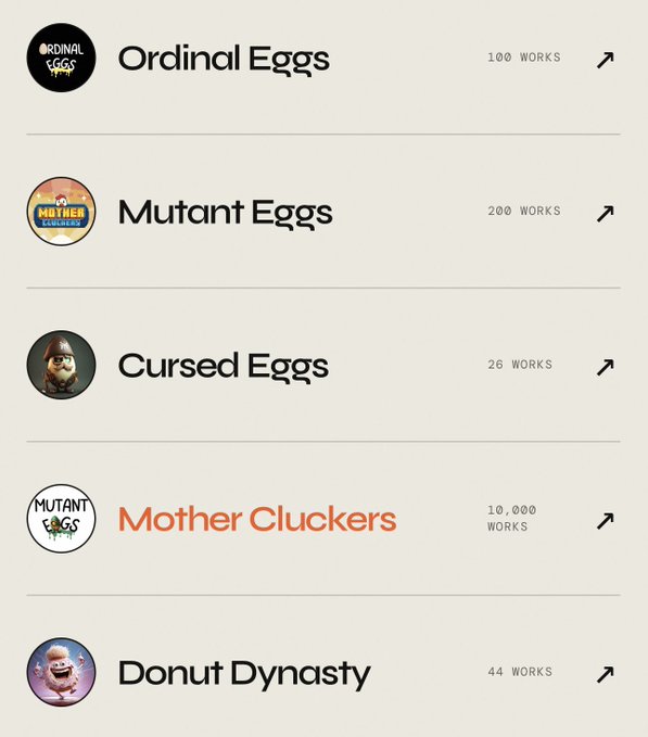 A digital listing page displaying NFT collections including 'Ordinal Eggs', 'Mutant Eggs', 'Cursed Eggs', 'Mother Cluckers' (highlighted in orange), and 'Donut Dynasty' with their respective work counts.