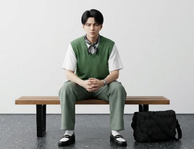 A young man wearing a green sweater vest and matching trousers sits on a wooden bench with a black bag beside him.