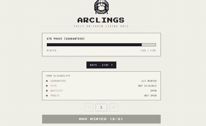 A webpage screenshot for 'ARCLINGS - FULLY ON-CHAIN LIVING ARCS' showing a GTD Phase (Guaranteed) minting progress bar at 5,466/6,283, with eligibility status showing 2/2 minted in the Guaranteed phase.