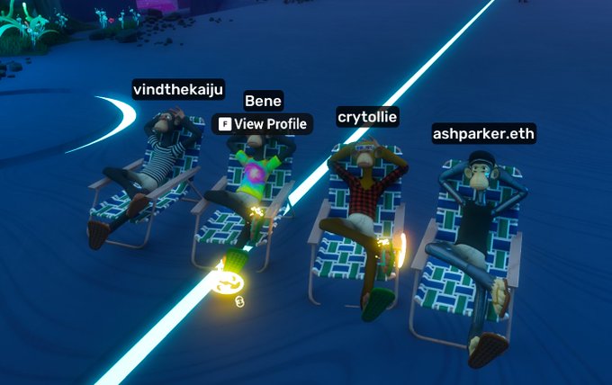 The image shows four people sitting on beach chairs, all facing the same direction with their eyes closed. The chairs are arranged in a line, creating an interesting visual effect as they appear to be floating above the ground due to the blue background of the photo. The caption for the image includes information about the post that features these characters and their location at @OthersideMeta.