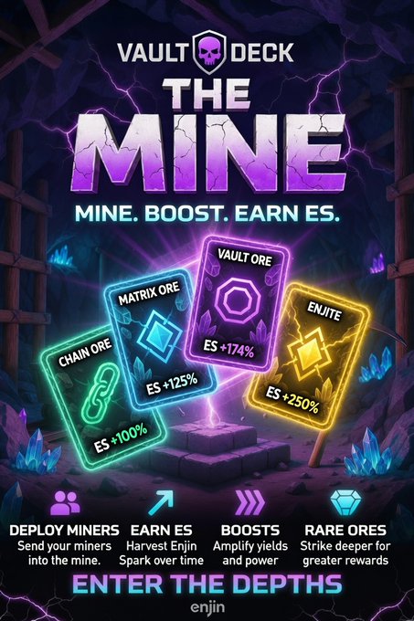 A mobile game advertisement for 'VAULT DECK THE MINE' with the tagline 'MINE. BOOST. EARN ES.' showcasing colorful ore cards for Chain, Matrix, Vault, and Enjite ores.