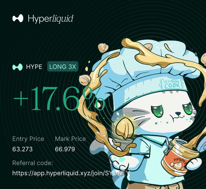 A Hyperliquid promotional graphic featuring a cartoon cat chef character splattered with yellow liquid, displaying a "+17.6%" HYPE LONG 3X position with an entry price of 63.273 and mark price of 66.979, along with a SYDNEY referral code. The image humorously ties into the post's theme of drunkenly placing trades that unexpectedly turn profitable and fund a vacation.