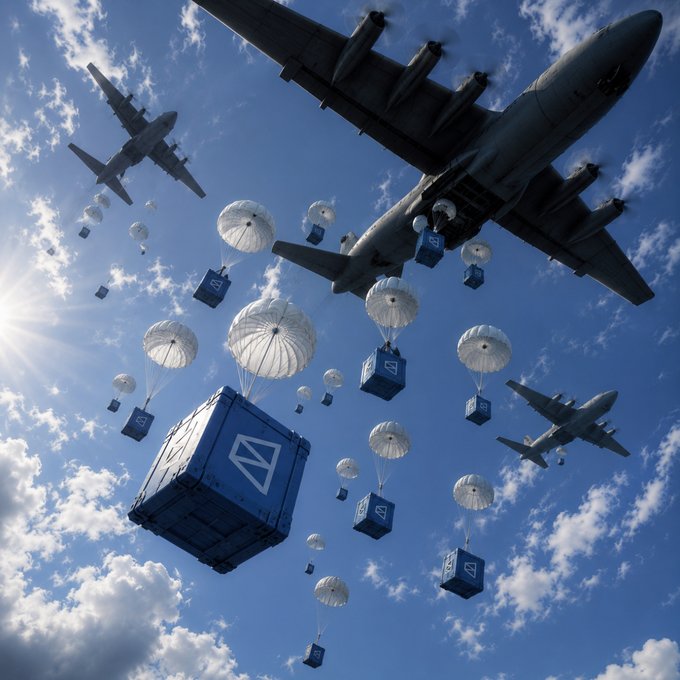 The image shows military cargo planes dropping supply crates with parachutes from the sky, symbolizing a large-scale airdrop of value or resources. This visual metaphor of "airdropping" cargo aligns with the post's excitement about Polymarket's rapid growth and the impending distribution of value to users as the platform approaches a milestone.