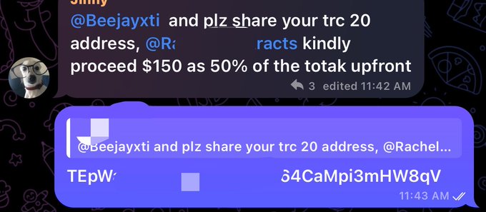 A screenshot of a Telegram conversation shows someone requesting a TRC20 address to receive a $150 upfront payment (50% of the total) from user @Beejayxti, with the recipient promptly sharing their wallet address "TEpW...à4CaMpi3mHW8qV," illustrating the post's narrative of recovering funds or confronting a scammer after having a wallet hacked.