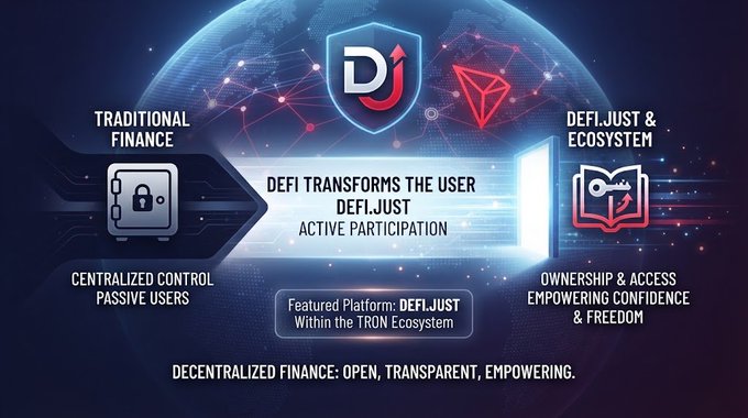 An infographic comparing 'Traditional Finance' and 'DeFi.Just & Ecosystem,' highlighting how 'DEFI TRANSFORMS THE USER' with 'Active Participation' on a featured platform within the TRON ecosystem.