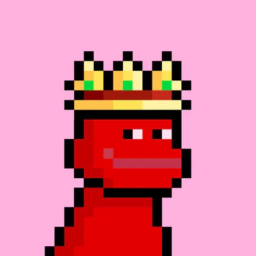 Pixel art of a red character with white eyes wearing a yellow and green jeweled crown against a solid pink background.