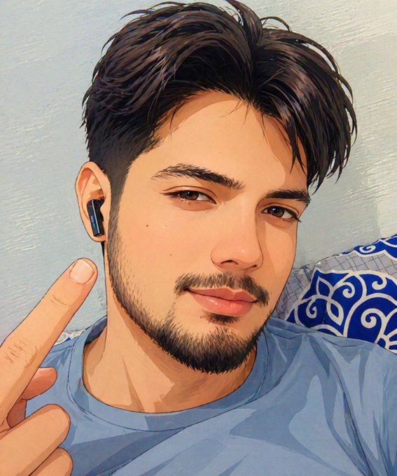 The image features a man with a beard wearing a blue shirt who has his finger extended outwards. The background of the image is white, which contrasts with the man's dark hair. There are no texts or other objects present in the image.