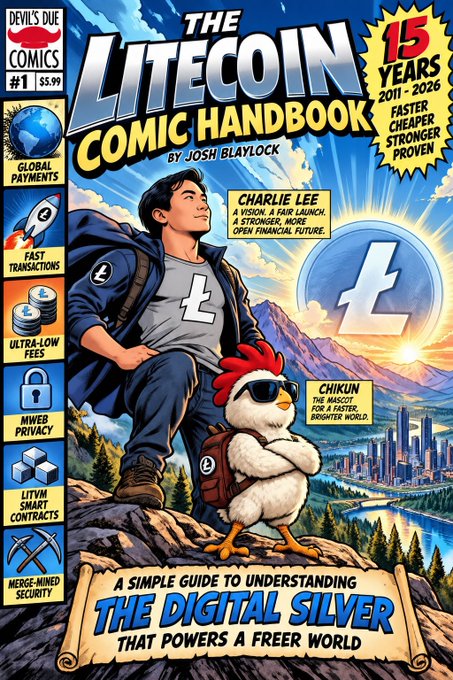 The image is a comic book cover titled "THE LITECOIN COMIC HANDBOOK" by Josh Blaylock, celebrating 15 years (2011-2026) of Litecoin and promoting it as "faster, cheaper, stronger, proven" "digital silver." It features a young man wearing a Litecoin logo jacket alongside a sunglasses-wearing chicken mascot labeled "CHIKUN," referencing Litecoin creator Charlie Lee. The cover relates to the post by showcasing the concept art for a Litecoin-themed comic, fitting the idea of a fun, illustrated guide to the cryptocurrency.