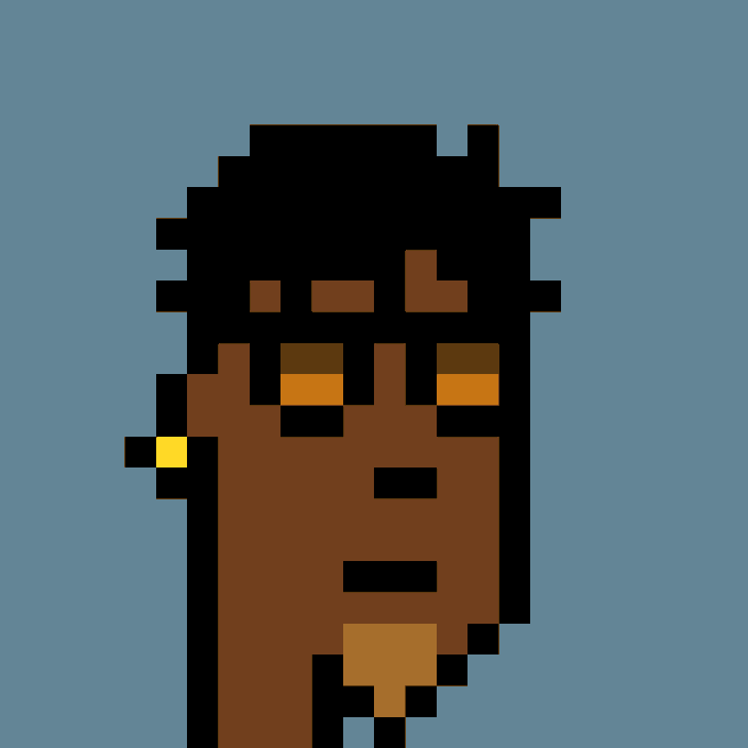 An 8-bit pixel art portrait of a person with dark skin and dark hair against a blue background.