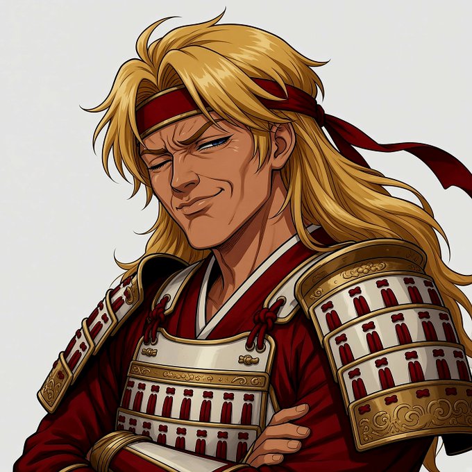 An anime-style illustration of a smug, blonde-haired warrior in red and gold samurai armor with a headband, arms crossed, evoking the "legendary" warrior tone of the FCFS mint announcement. The confident, battle-ready figure visually reinforces the urgent call to action for the NFT collection drop on OpenSea.