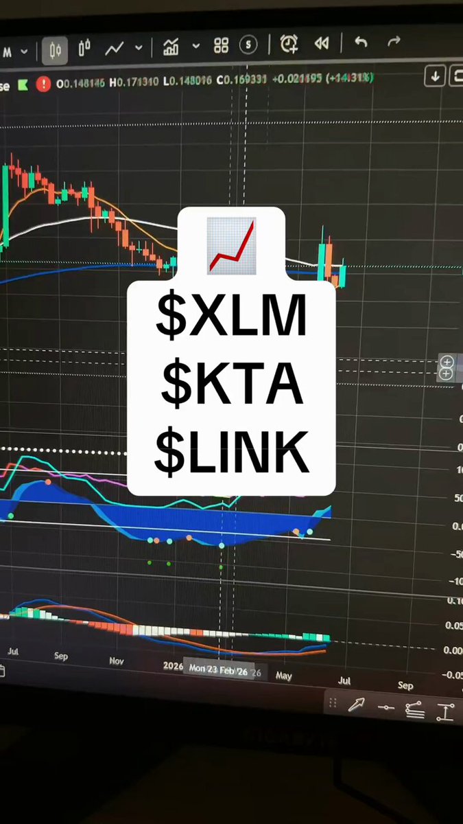 The image shows a computer monitor with a screen displaying a graph, which seems to represent a cryptocurrency market. On the display, there are multiple lines, possibly indicating different crypto prices at various time points or periods of time. The content of the image is related to a cryptocurrency analysis, particularly focusing on the $XLM KTA LINK coin. This coin appears to be an emerging crypto currency being monitored for investment purposes.