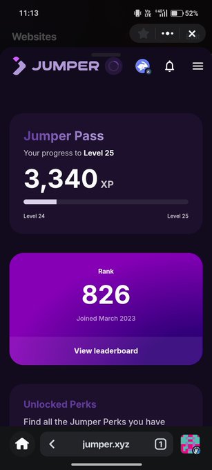 A mobile screenshot of the Jumper Pass rewards page showing 3,340 XP progress toward Level 25 and a Rank of 826, with the account joined in March 2023.