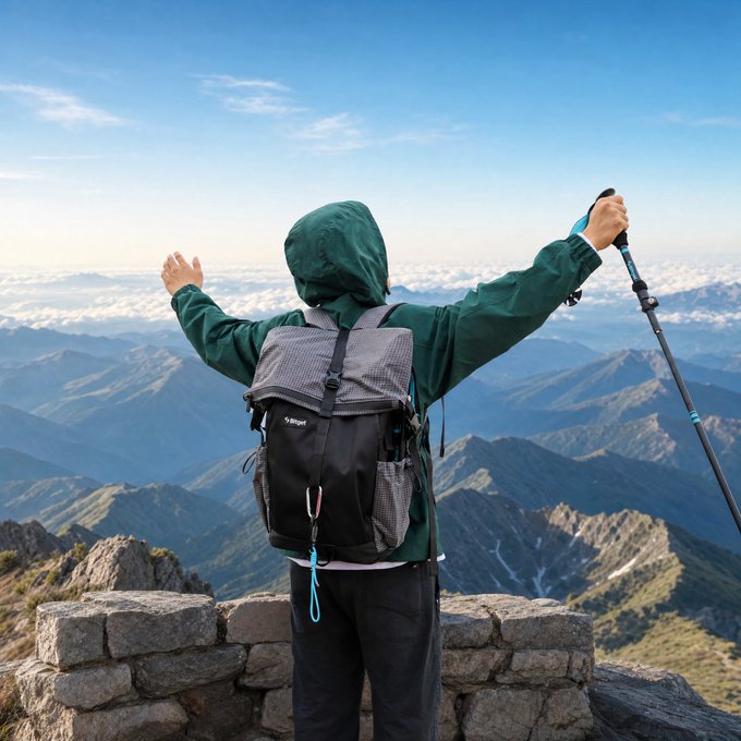 A hiker in a green hooded jacket stands triumphantly atop a mountain summit, arms raised in celebration with a trekking pole in hand, wearing a backpack labeled "Bitget." The breathtaking aerial view of mountain ranges and clouds perfectly embodies the "view from up here" sentiment, mirroring Bitget's 8-year milestone of reaching new heights.