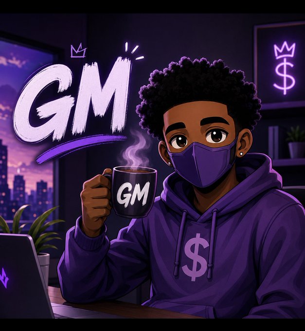 A cartoon-style illustration of a young man wearing a purple hoodie with a dollar sign and a face mask, holding a steaming cup also marked 'GM' with 'GM' written in large white text.