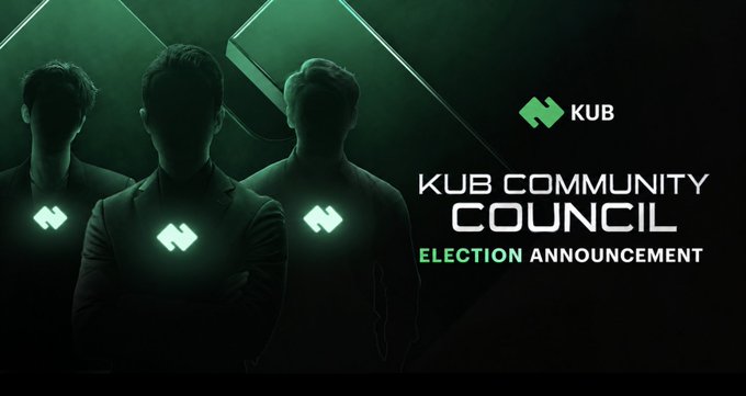 Three silhouetted figures stand against a dark green background with a glowing green logo on their chests. Text reads 'KUB' and 'KUB COMMUNITY COUNCIL ELECTION ANNOUNCEMENT'.